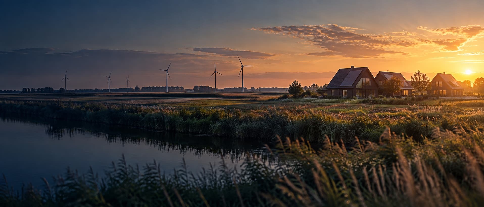 Nederlandse woningen met zonnepanelen aan het water, met windmolens in de avondzon